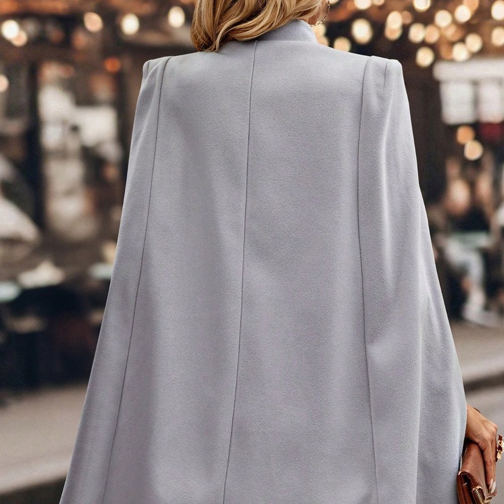 Light Grey Casual Womens Cloak Sleeve Double Breasted Cape Overcoat - Picture 4 of 5